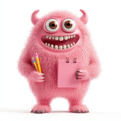 Obraz premium Cute pink monster as a teacher, holding a notebook and a pencil, isolated on white background