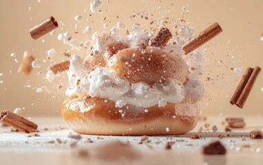 Fototapeta premium dynamic explosion of cinnamon, sugar, and vanilla essence bursting around a freshly baked bun, on a pastel background