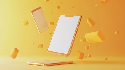 Floating phones, yellow background, digital mockup, app design