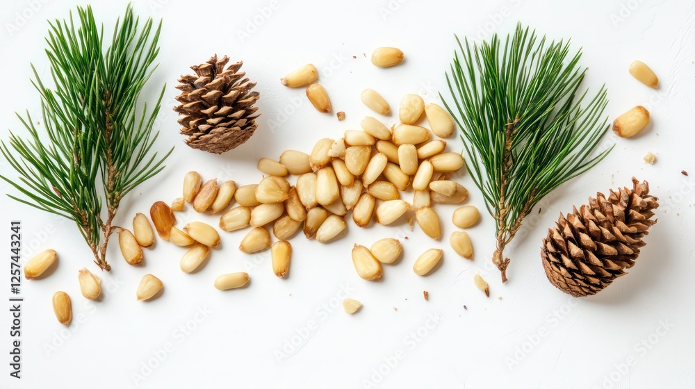 Poster surreal composition of isolated pine nuts on a white background with dreamlike elements and textures