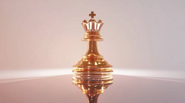 Golden chess queen, strategic game, reflective surface, leadership concept