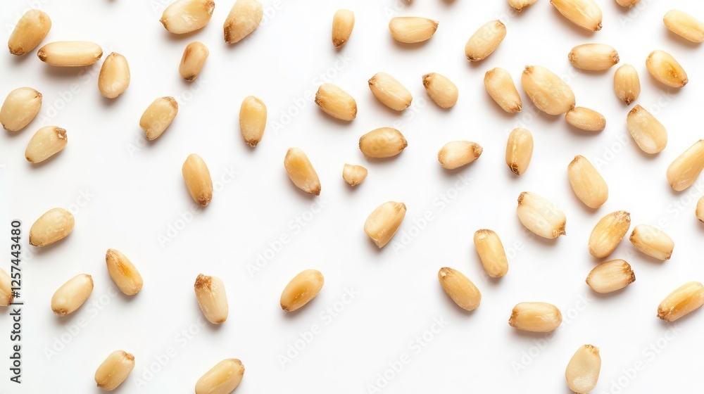 Poster surreal composition of isolated pine nuts on a white background with dreamlike elements and textures