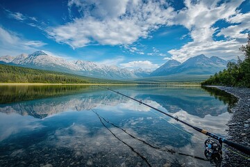 Fototapeta premium Mountain Lake Fly Fishing: Serene Landscape with Stunning Reflections and Calm Waters Under a Blue Sky