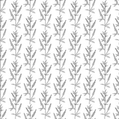 Naklejka premium Line art botanical abstract seamless plant pattern with wildflowers vector illustration. Black and white outline repeating floral background. Graphic design for Wallpaper Textile Cover Birthday Card