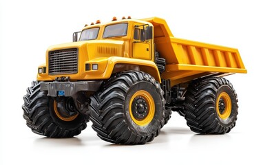 giant industrial dump truck monster with eight massive tires built for extreme terrain, isolated on white