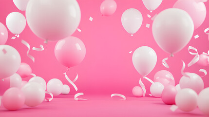 Pink balloons float against a soft pink background, creating a dreamy and festive atmosphere. Perfect for birthday celebrations, romantic themes, Valentine's Day, and party invitations