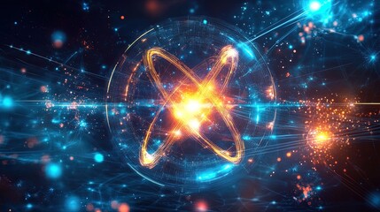 Fototapeta premium Futuristic science background with glowing scientific equipment, dynamic energy particles, and digital grids