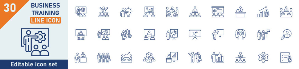 Business training line icon set. Set of 30 outline icons related to business training, education, seminar, course, coaching, mentoring, meeting and others. Editable stroke. Vector illustration.
