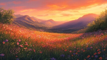 Obraz premium Sunset over vibrant mountain meadow, idyllic valley background