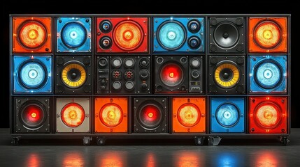 Colorful audio wall system in a dark studio