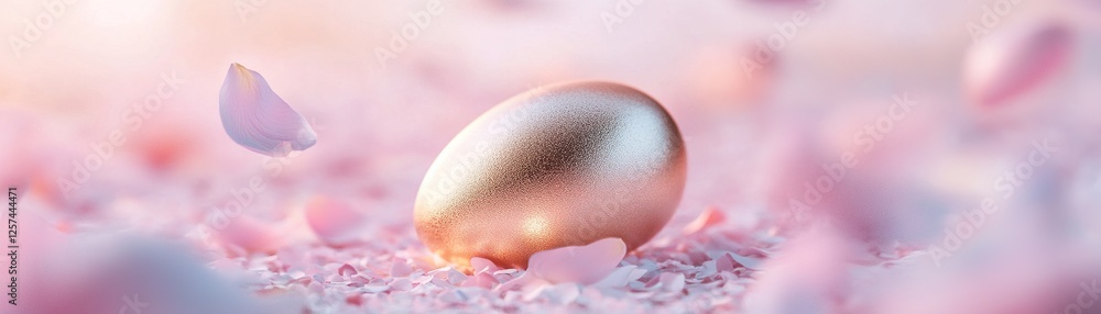 Poster A golden egg hovers gracefully in a soft pastel sky, bathed in a warm glow. Delicate petals drift around it, conveying messages of hope and renewal, evoking a sense of divine mystery