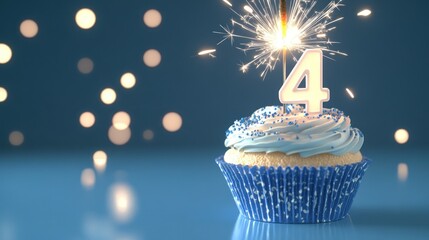 Blue cupcake with 4th birthday candle, bokeh background