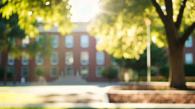 Soft blurred sunlit campus. College, school or university building background, educational backdrop, learning, back to study. September. Copy empty blank space mock up.