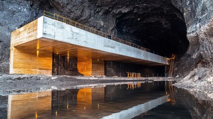 Modern Architectural Design and Reflection in Cave Interior