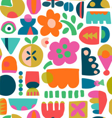 bold colorful fun modern minimalist art abstract nature shapes seamless pattern, vector illustration repeat design print