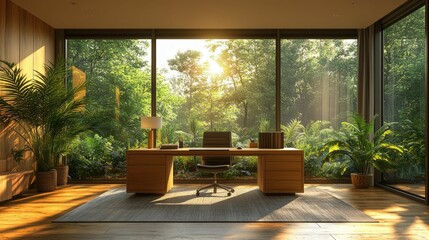 Serene home office, sunlight, lush greenery view.