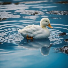 A white duck drinking from a clear blue pond.