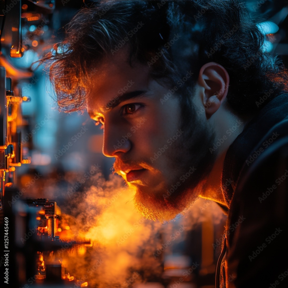 Poster A Focused Engineer Inspecting Advanced Tech with Fiery Glow, Surrounded by Intricate Machinery and Vaporous Mist in a Futuristic Workshop