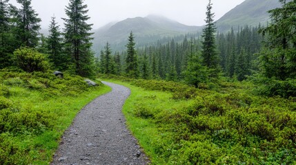Fototapeta premium Misty mountain path through lush forest. Possible use Nature background