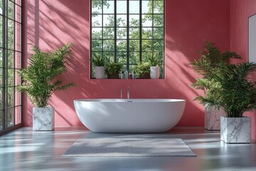 Fototapeta premium Modern bathroom with pink walls, a white bathtub, and green plants in marble planters. Stylish and serene interior design.