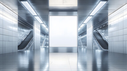 Fototapeta premium Modern Subway Station with Blank Advertisement Billboard and Escalators