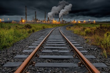 Industrial Landscape with Train Tracks Leading to Smokestacks Under Dark Stormy Sky at Night