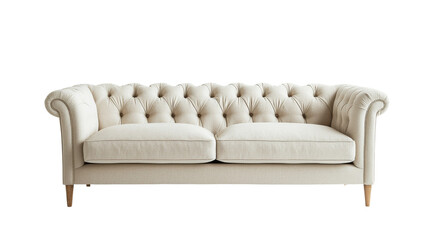 Fototapeta premium Elegant tufted sofa in cream fabric with plush cushions and wooden legs, perfect for modern living spaces