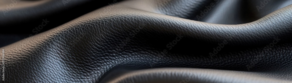 Poster smooth black leather displays a rich texture enhanced by soft, diffused lighting, allowing for a lux