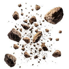 Exploding rocks and debris scattered in various directions, creating dynamic scene of motion and energy - obrazy, fototapety, plakaty
