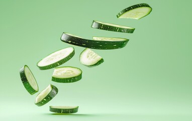 A fresh zucchini flipping mid air with thin slices separating, pastel green background