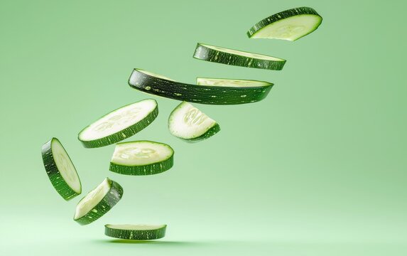 A fresh zucchini flipping mid air with thin slices separating, pastel green background