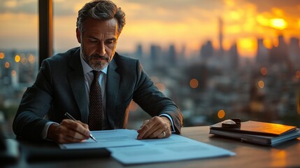 Plakat Businessman signing documents sunset city view