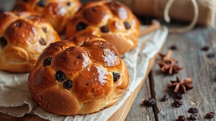 Fresh homemade cakes. Buns with raisins on the table.