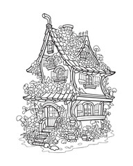 Coloring page. Magic forest Fairy tale house, black and white picture