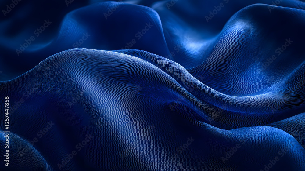 Poster rich blue satin fabric undulating in soft waves creating a luxurious and elegant texture background.