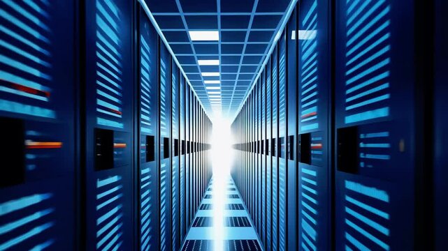 Futuristic data center with illuminated server racks showcasing digital information flow