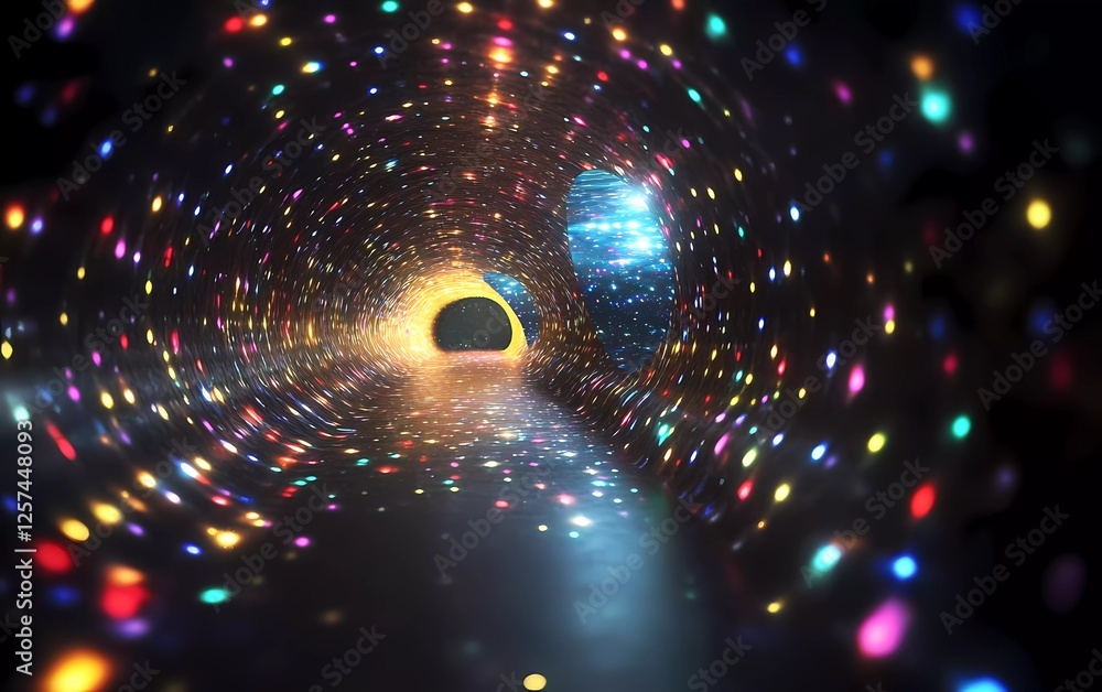 Poster 3d render of an abstract background with colorful lights and glowing rays on a dark black background