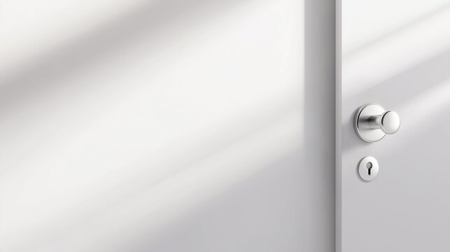 Minimalistic white door with metal knob in soft light. Concept of privacy and interior design.