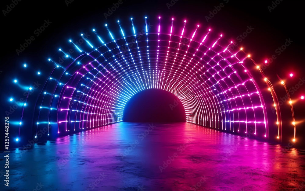 Poster 3d render of an abstract background with colorful lights and glowing rays on a dark black background
