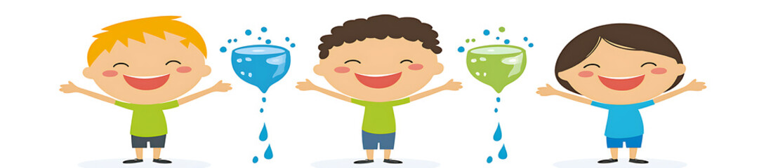 Happy kids holding water, joyful expressions, white background, hydration