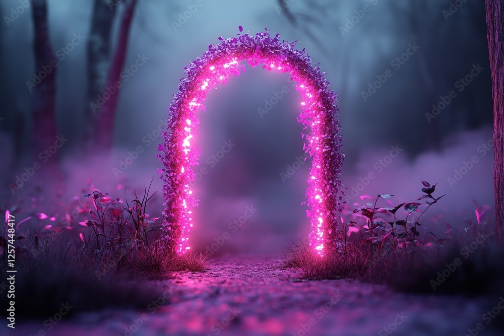 Poster an enchanting archway covered in colorful spring vines glows softly, inviting exploration into a mys