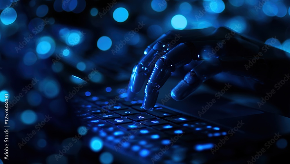 Poster robotic hand efficiently types on keyboard, demonstrating technological advancement in automation, c