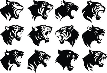 Illustration material of tiger silhouette. Sideways. A set of head variations.
