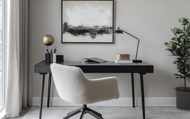 Scandinavian-style home office, light gray boucle chair, sleek black desk, neutral decor, calming and functional