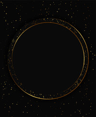 Festive advertising dark vector illustration background with golden dust pattern and round sparkle banner