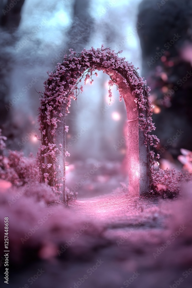 Poster a radiant archway adorned with lively spring vines stands amidst a misty meadow, inviting explorers 