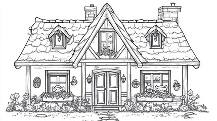 Obraz premium Charming cottage, flower boxes, garden, countryside illustration