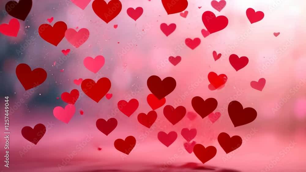 Poster falling red hearts on a soft blurred background with bokeh effect