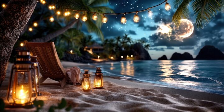 Serene tropical beach at night illuminated by soft lights seaside scenic tranquil atmosphere