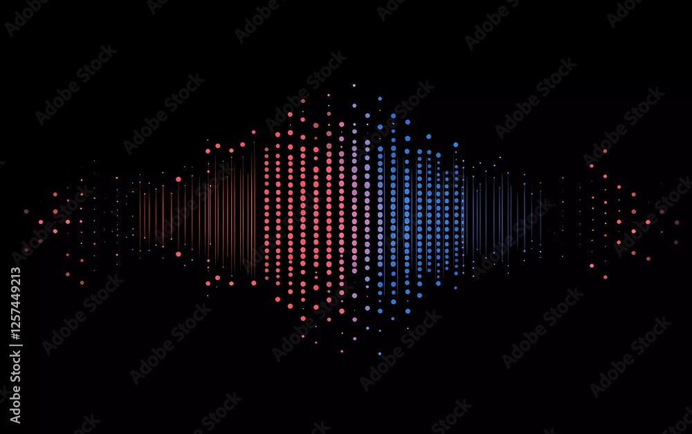 Poster a vector graphic of sound waves made from red and blue dots, symbolizing music or audio waveforms on